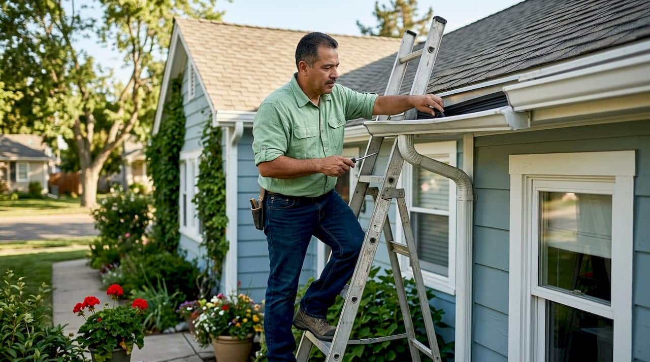 Homeowner inspecting gutter expansion joint outdoors