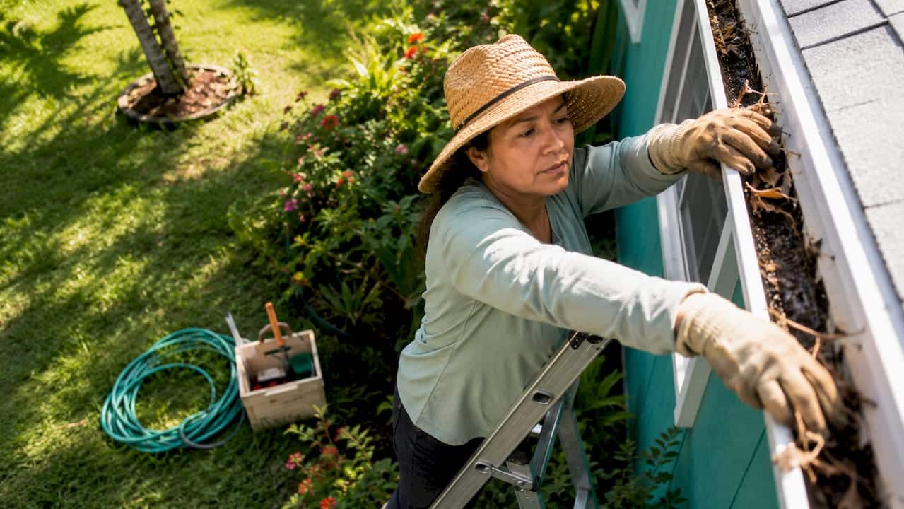 Homeowner cleaning gutters with ladder outdoors