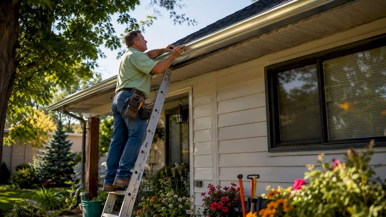 Technician installing seamless gutter outdoors