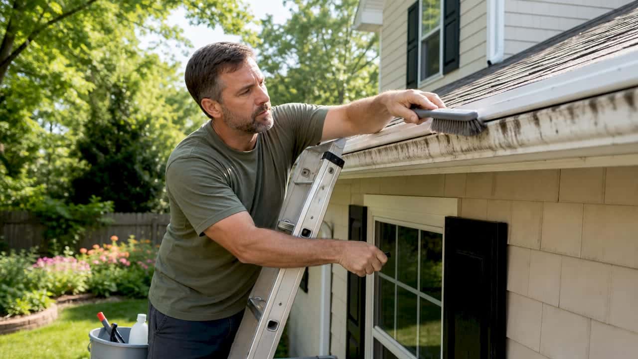 Man inspecting stained gutters on house exterior