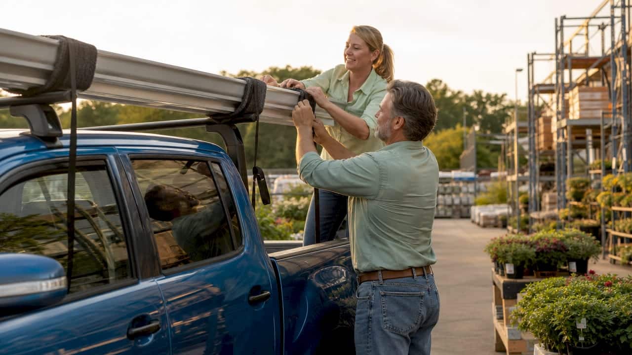 Two people securing gutters on truck roof rack