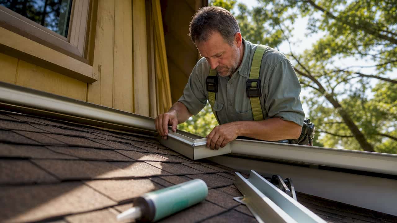 Roofer fitting inside gutter corner on house roof