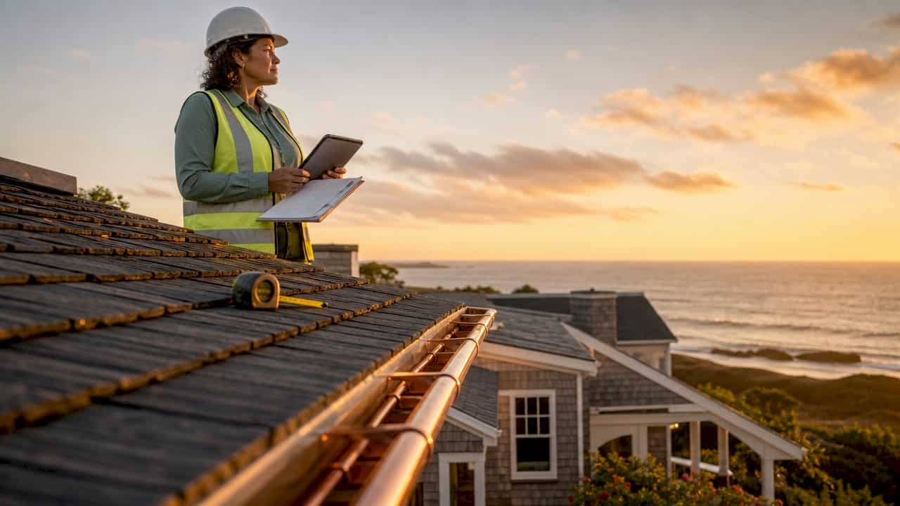 Architect inspecting roof and gutter compatibility