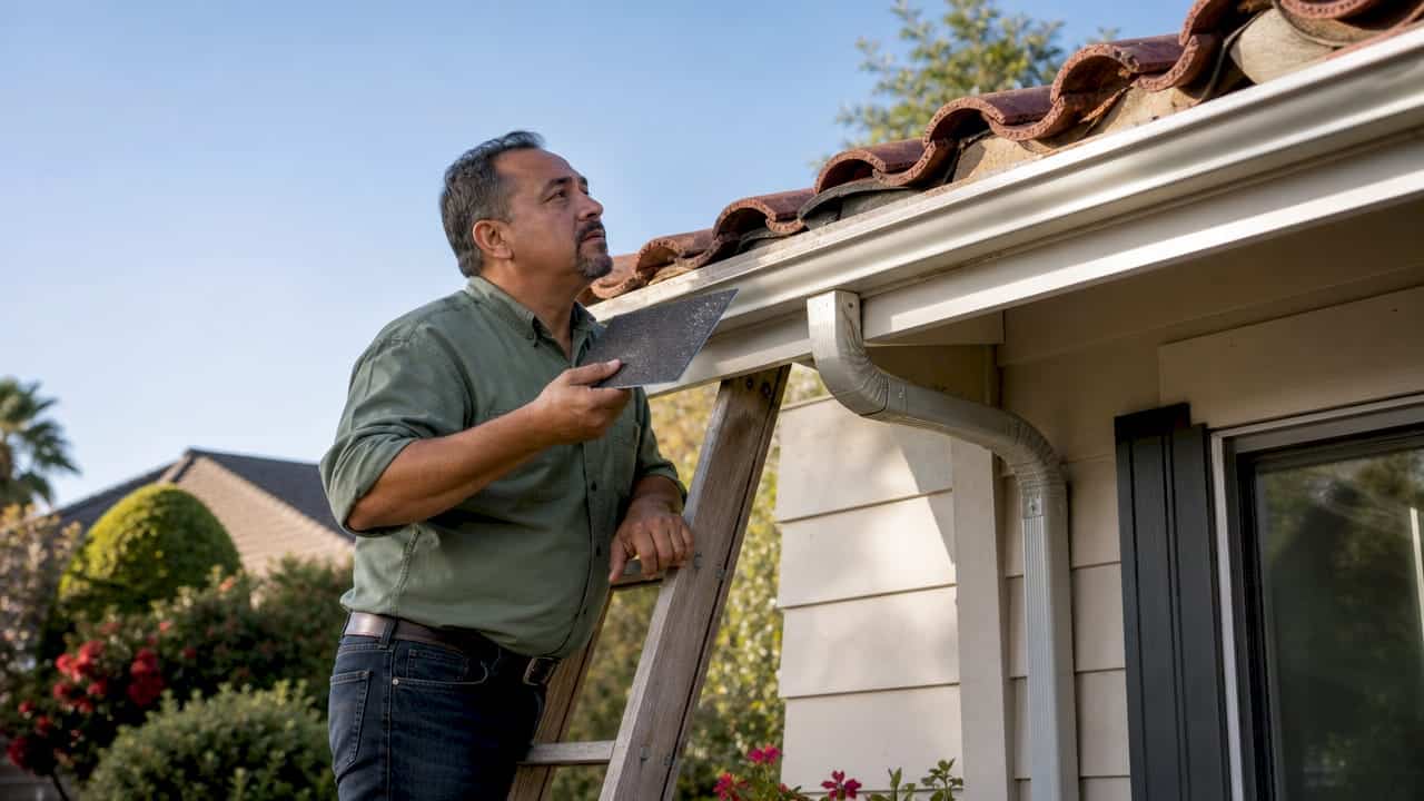 Homeowner on ladder inspecting roof underlayment