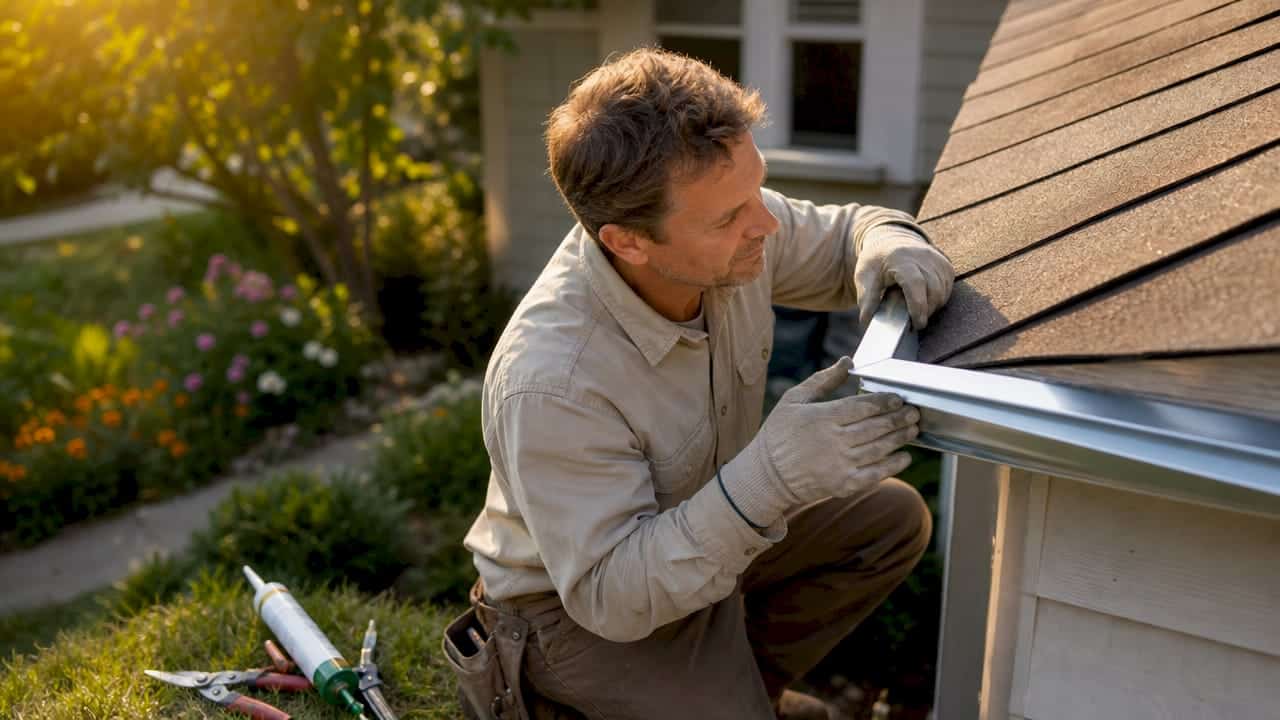 Craftsman installing gutter mitre on roof corner