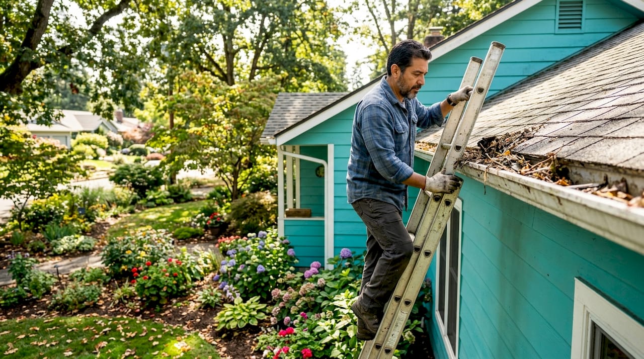 Man inspecting clogged gutters on house