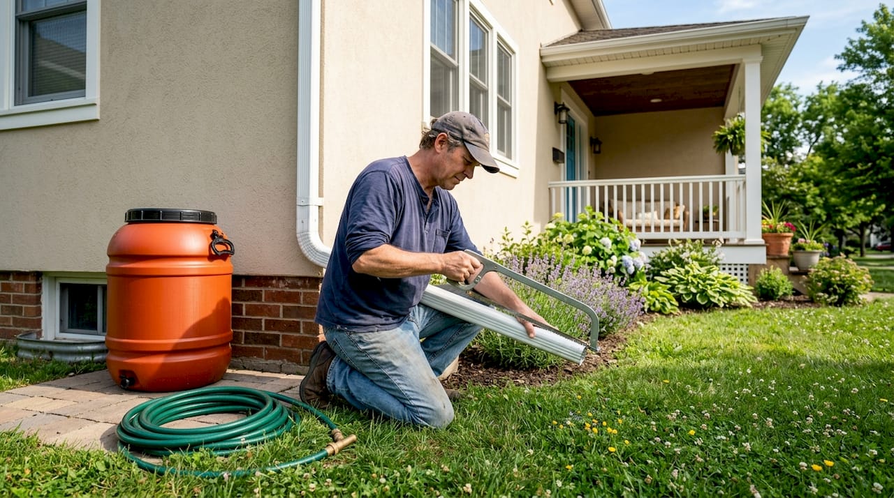 Homeowner cutting downspout for diverter installation