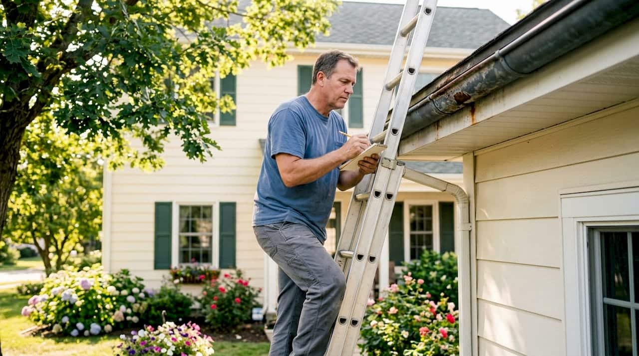Homeowner inspecting damaged gutters on ladder