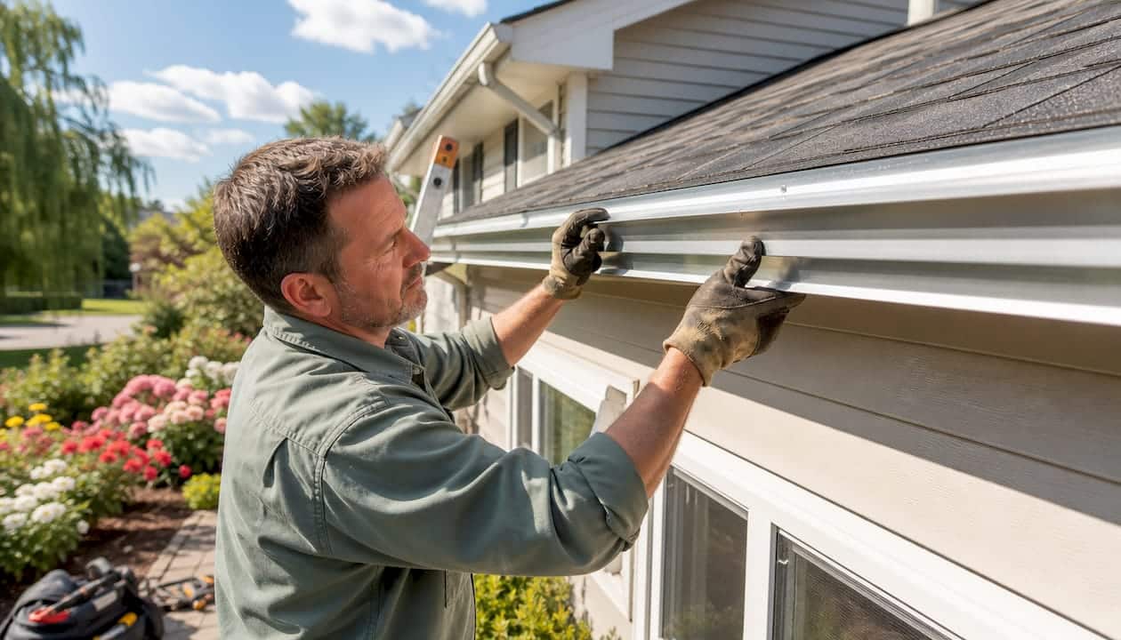 Roofer installing gutter flashing on roof edge
