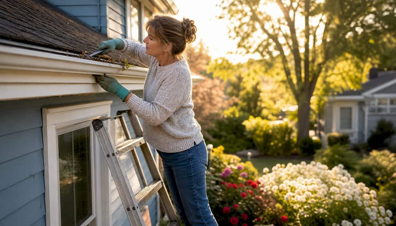 Woman inspecting clogged gutters on ladder outdoors