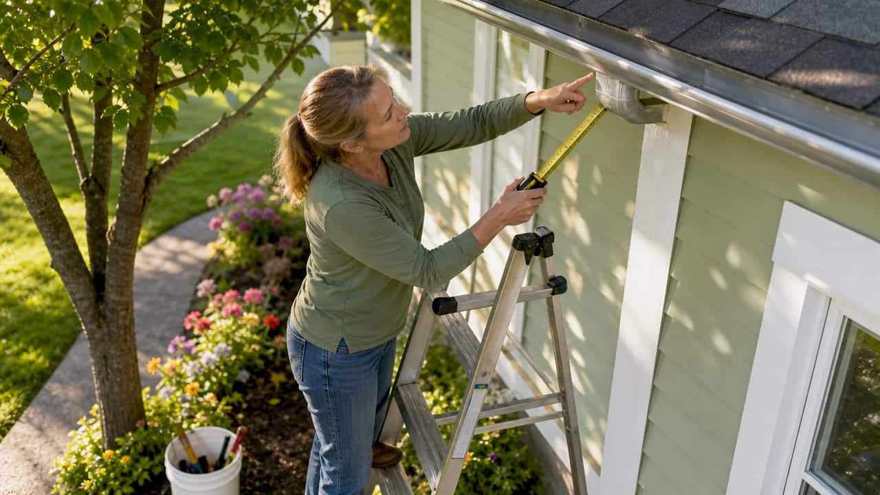 Homeowner inspecting gutter outlet on ladder