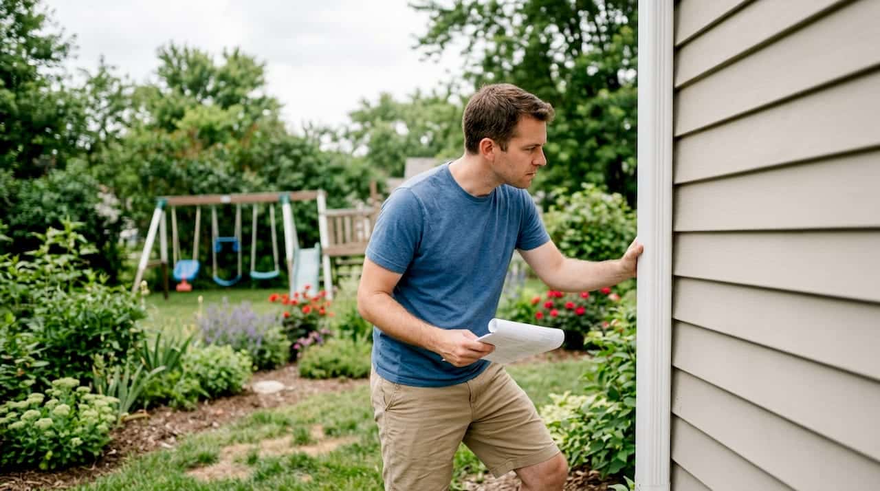 Homeowner inspecting gutter leader pipe on house exterior