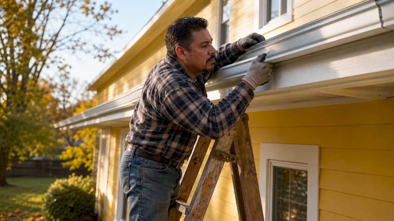 Worker installing micro-mesh gutter filter outdoors