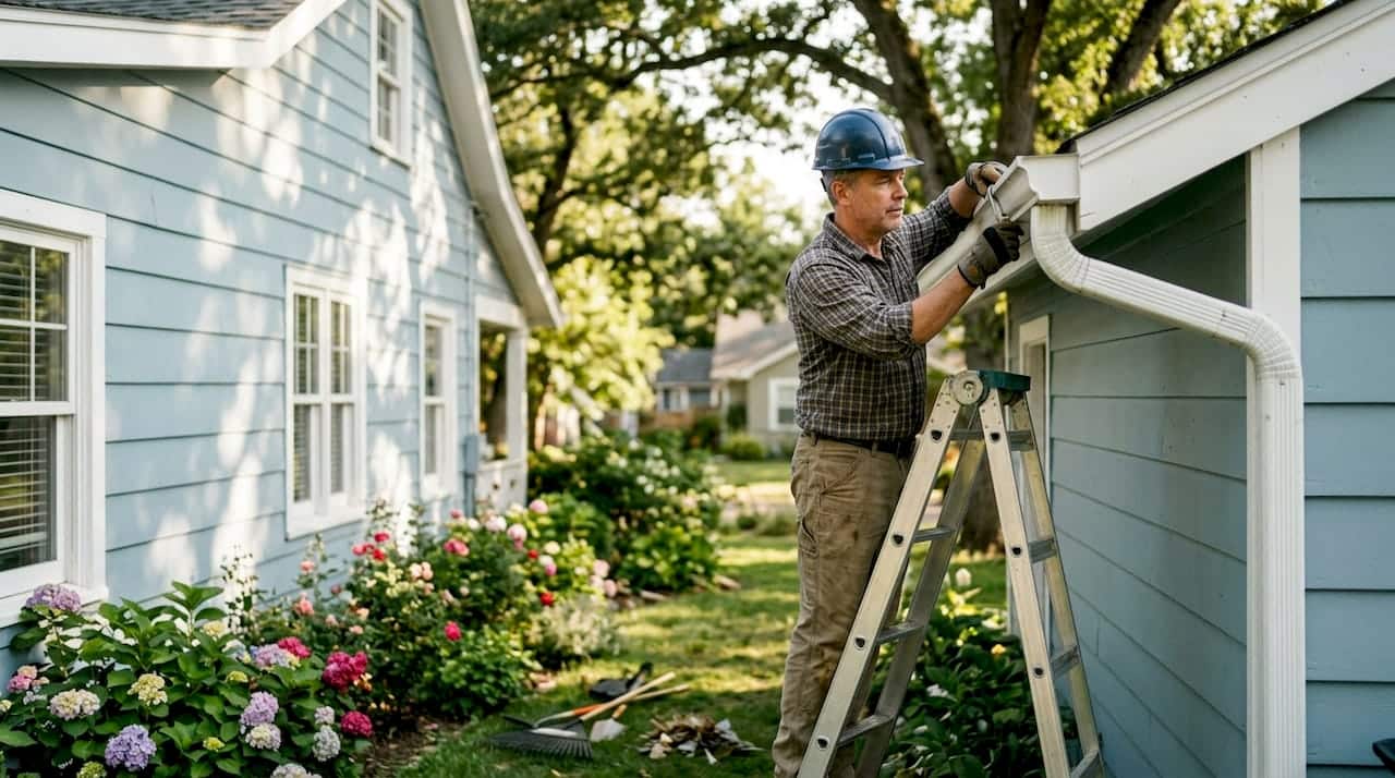 Homeowner inspecting gutter outdoors