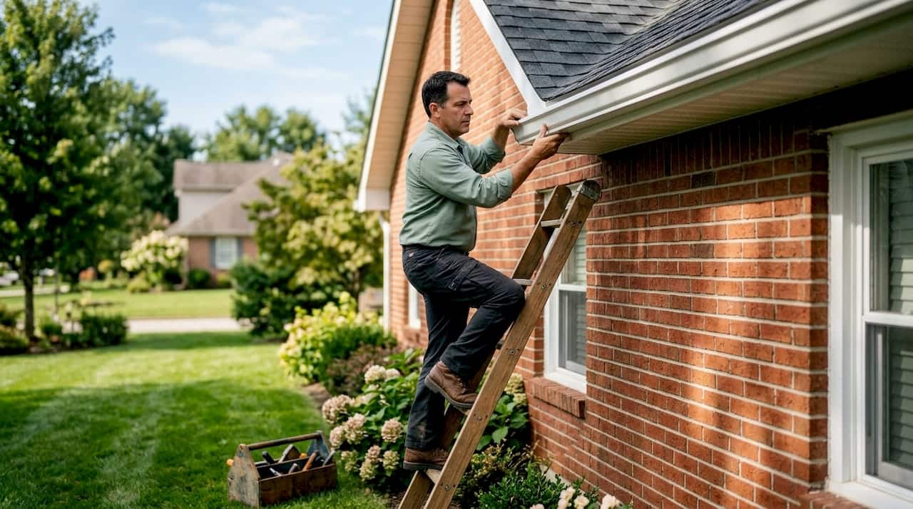 Contractor inspecting roof to gutter transition