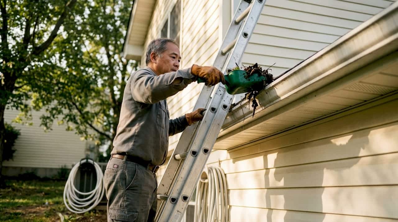 Man cleaning clogged gutters on ladder outdoors