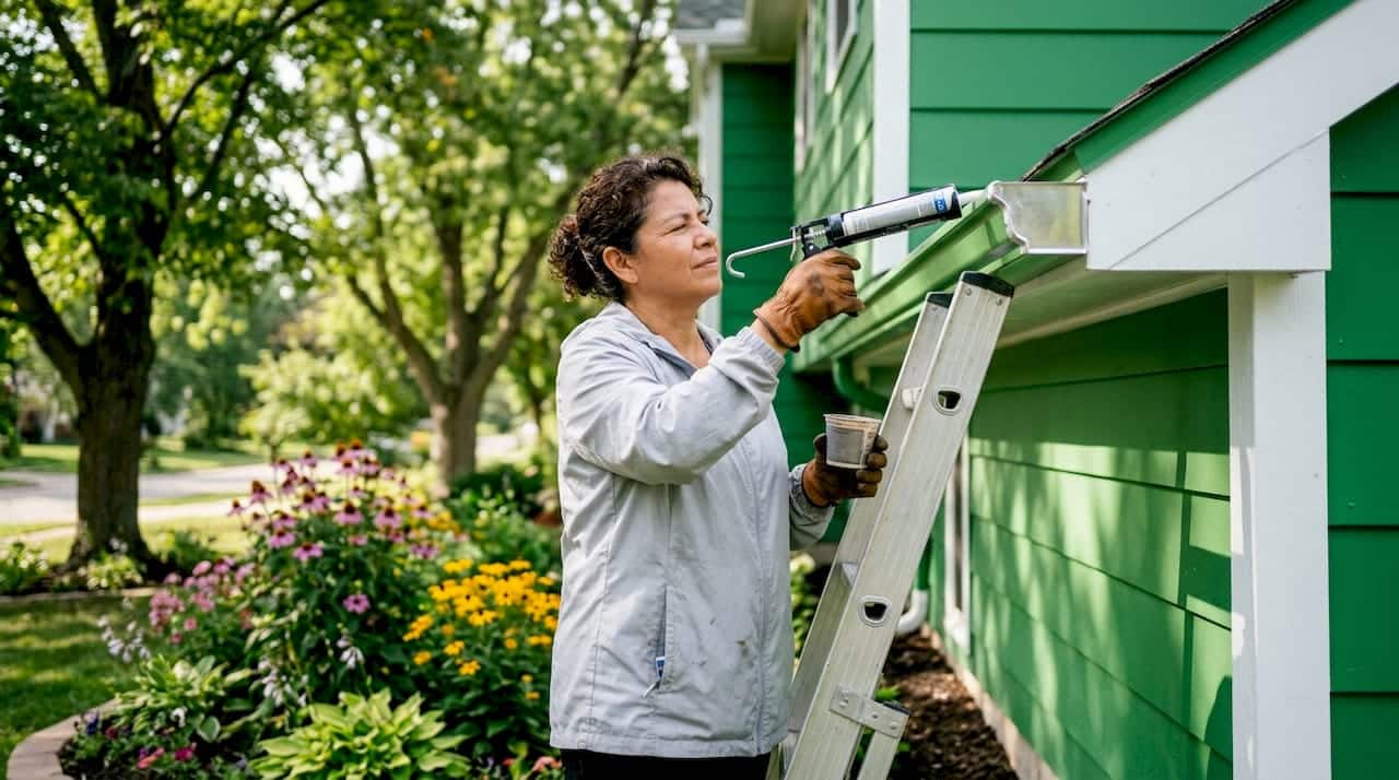 Homeowner inspecting gutter end cap on ladder