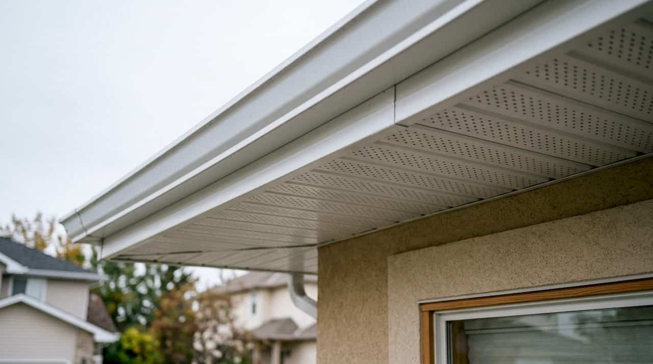 Close-up of gutter soffit panels on house exterior