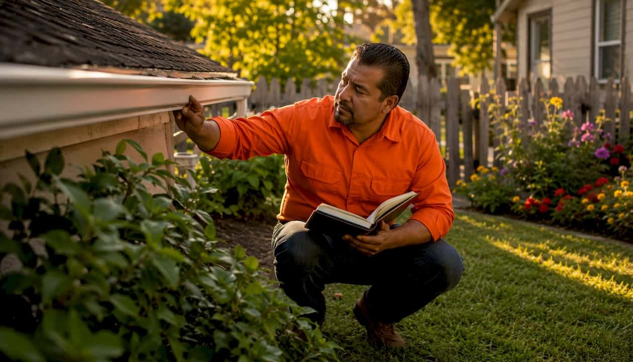 Technician inspecting aluminum gutter outdoors