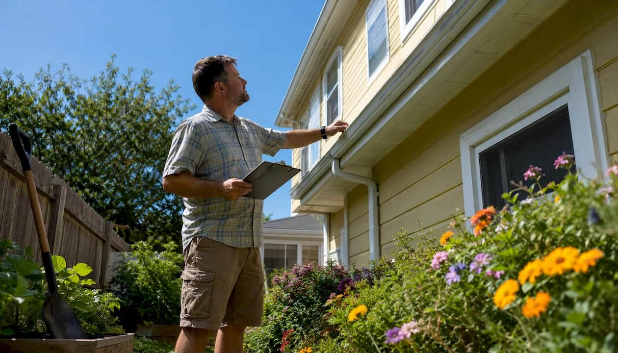 Man inspecting roof gutter and runoff system