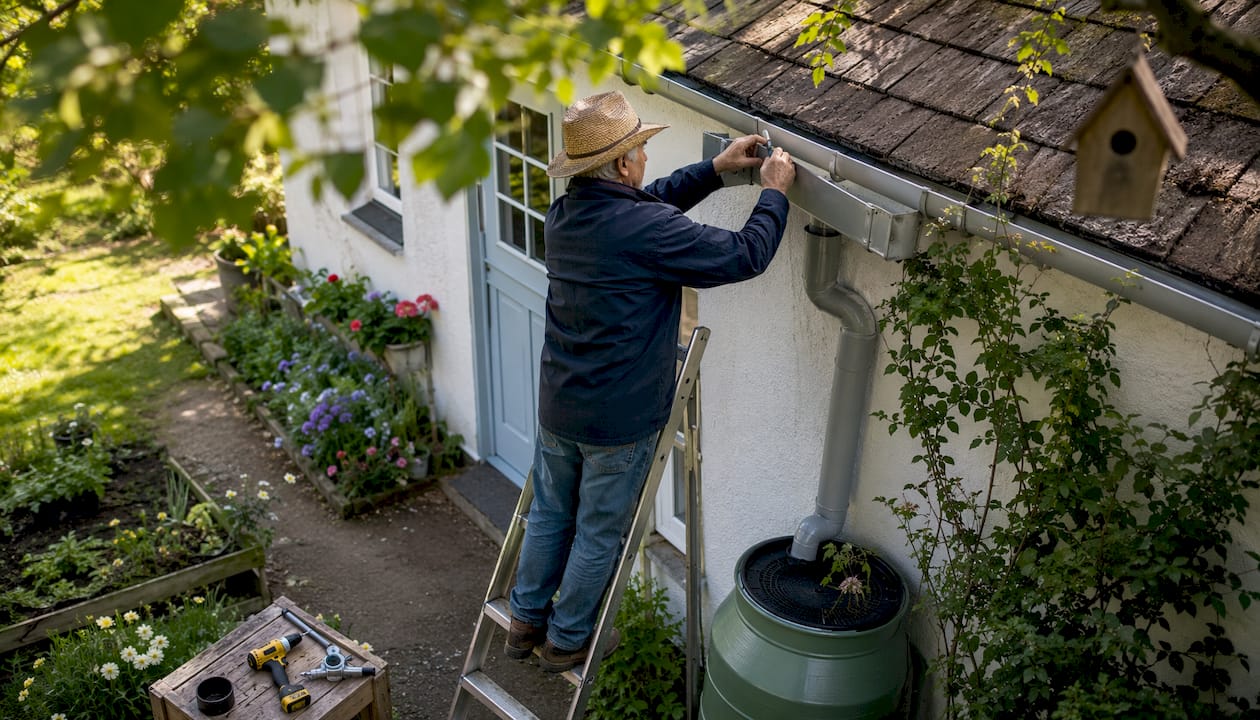 Man installing eco-friendly aluminum gutter outside