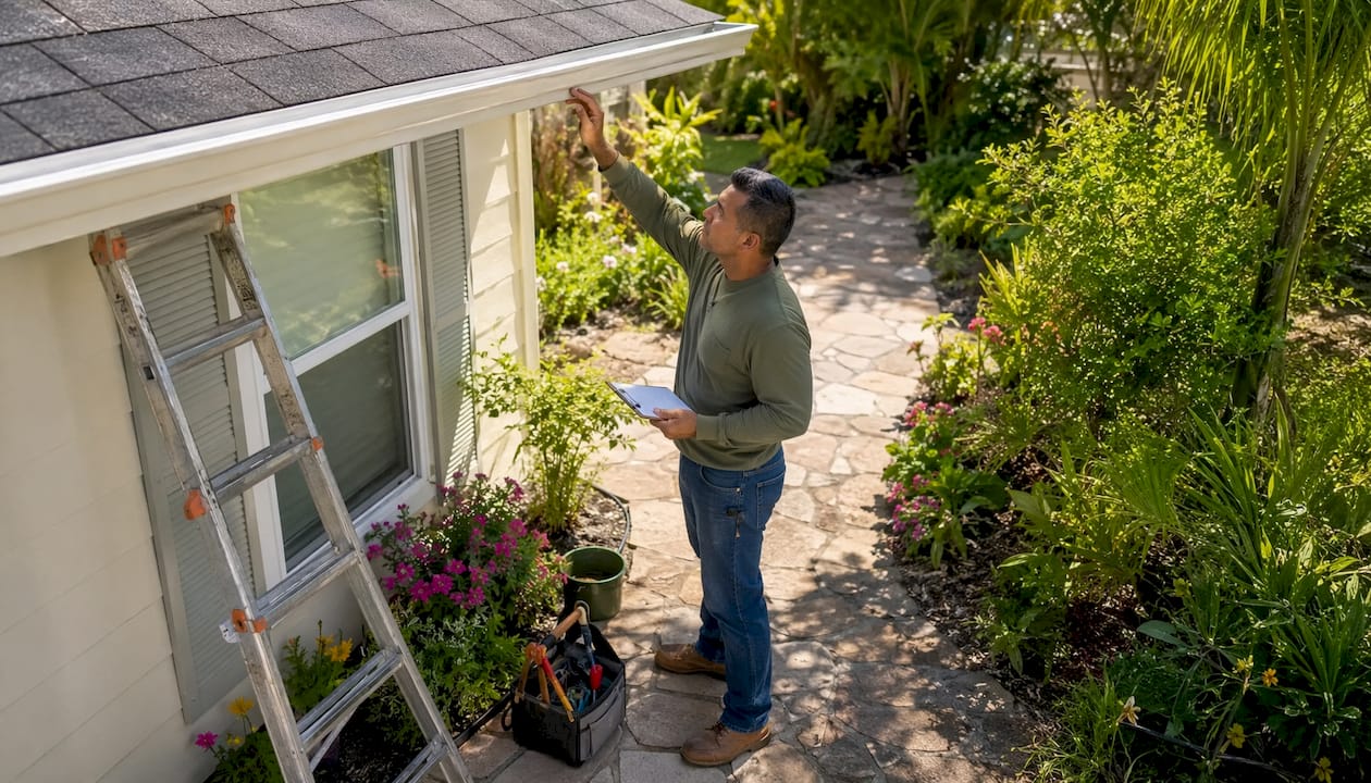 Technician inspecting seamless gutters in Florida