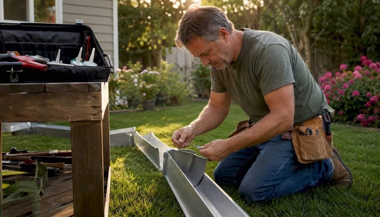 Man inspecting gutter parts on driveway