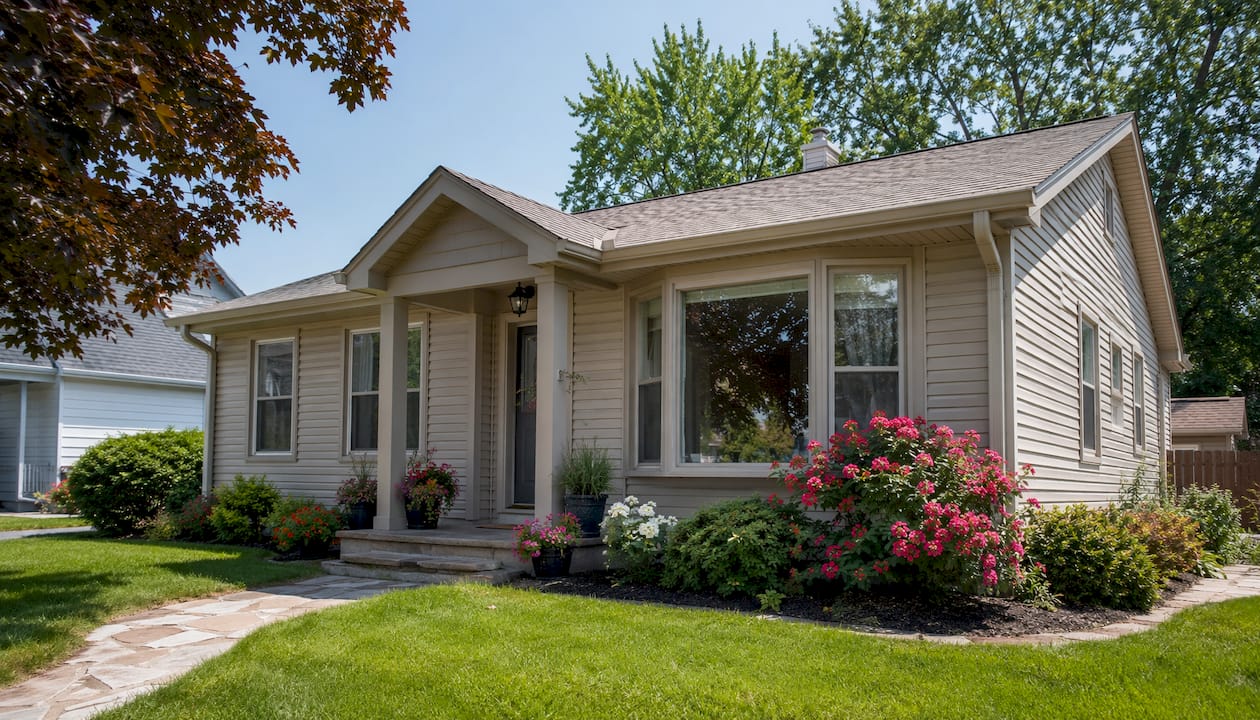 House with gutters matching siding color