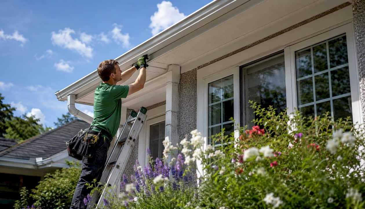Installer fitting gutters matching trim fascia