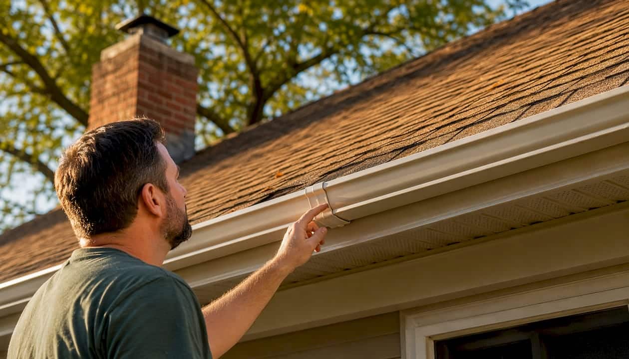 Homeowner inspecting gutters matching roof