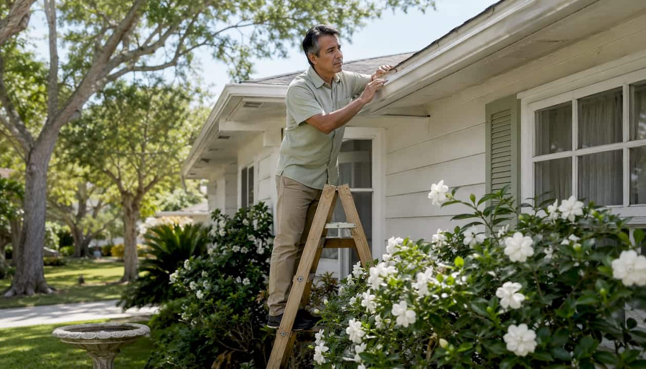 Homeowner inspecting house gutters outside