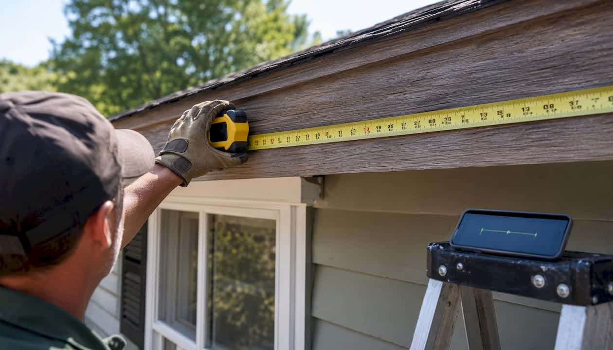 Measuring roof eave length with tape measure
