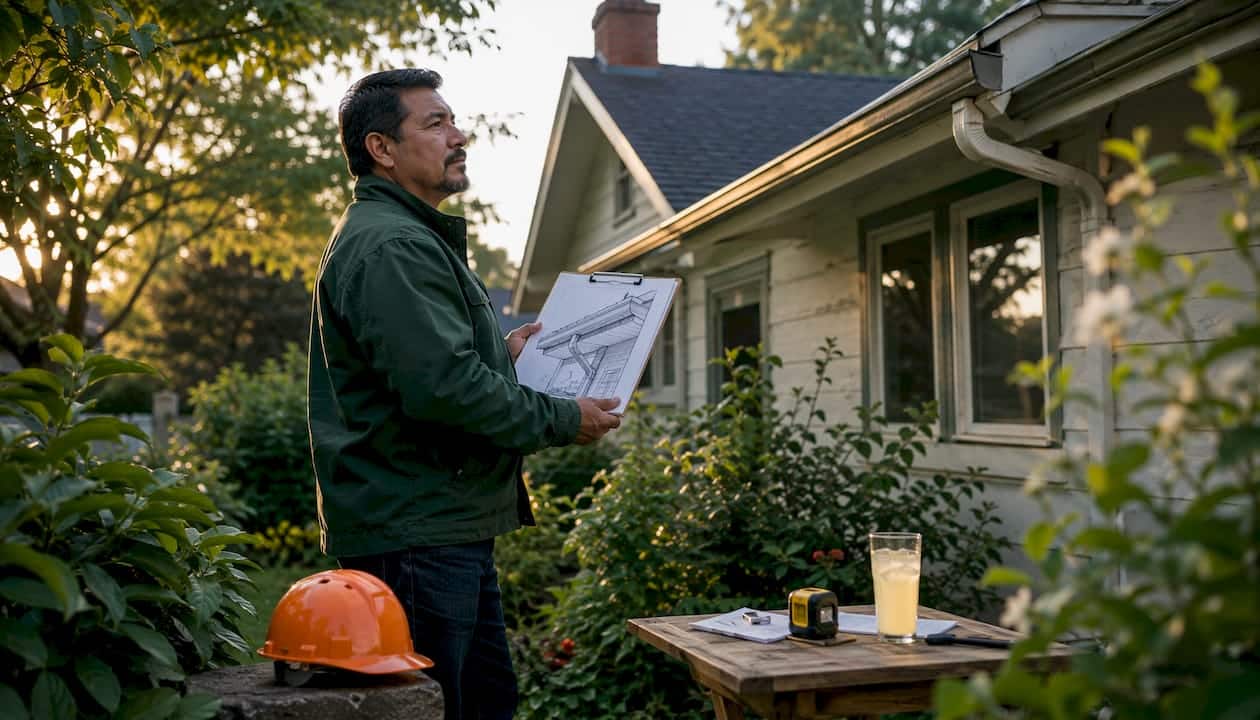 Man reviewing roof sketch for gutter planning