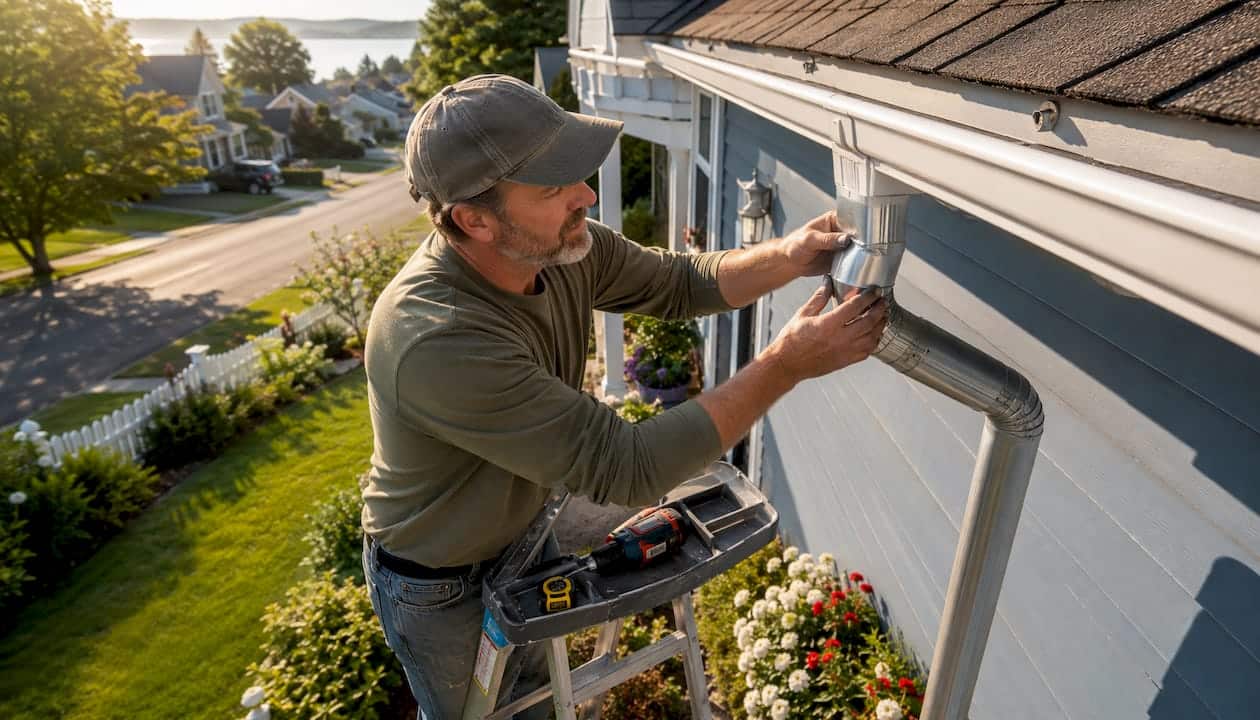 Homeowner inspecting gutter elbow on ladder