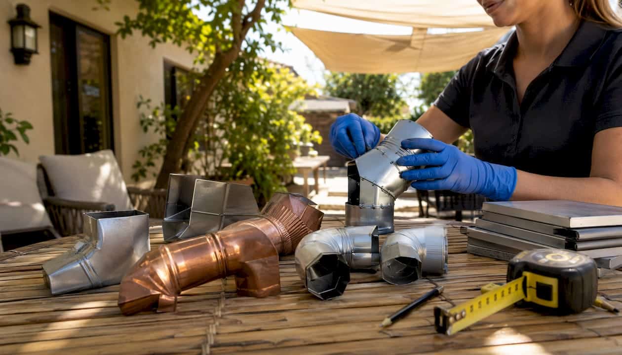 Assorted gutter elbow types on outdoor workbench