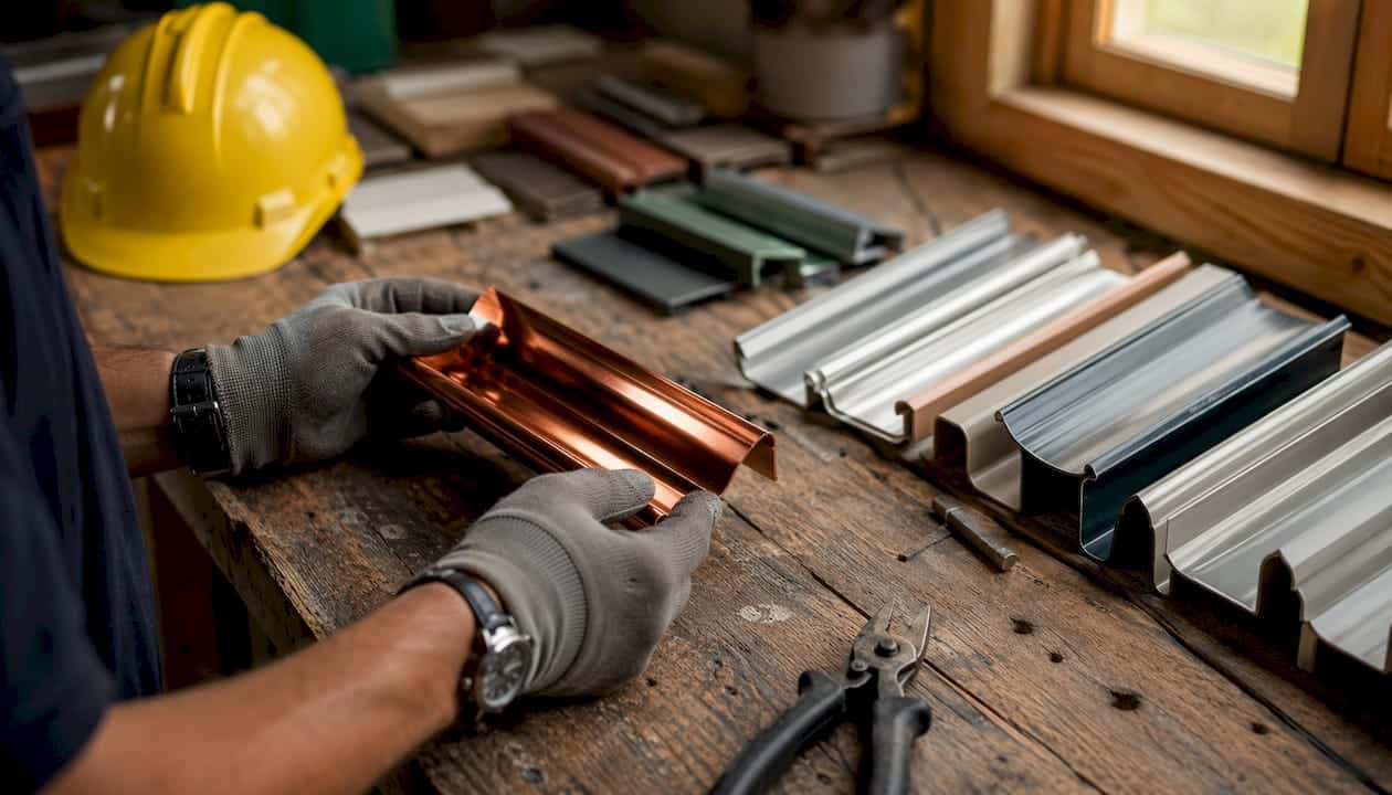 Overhead view of gutter samples and comparison chart