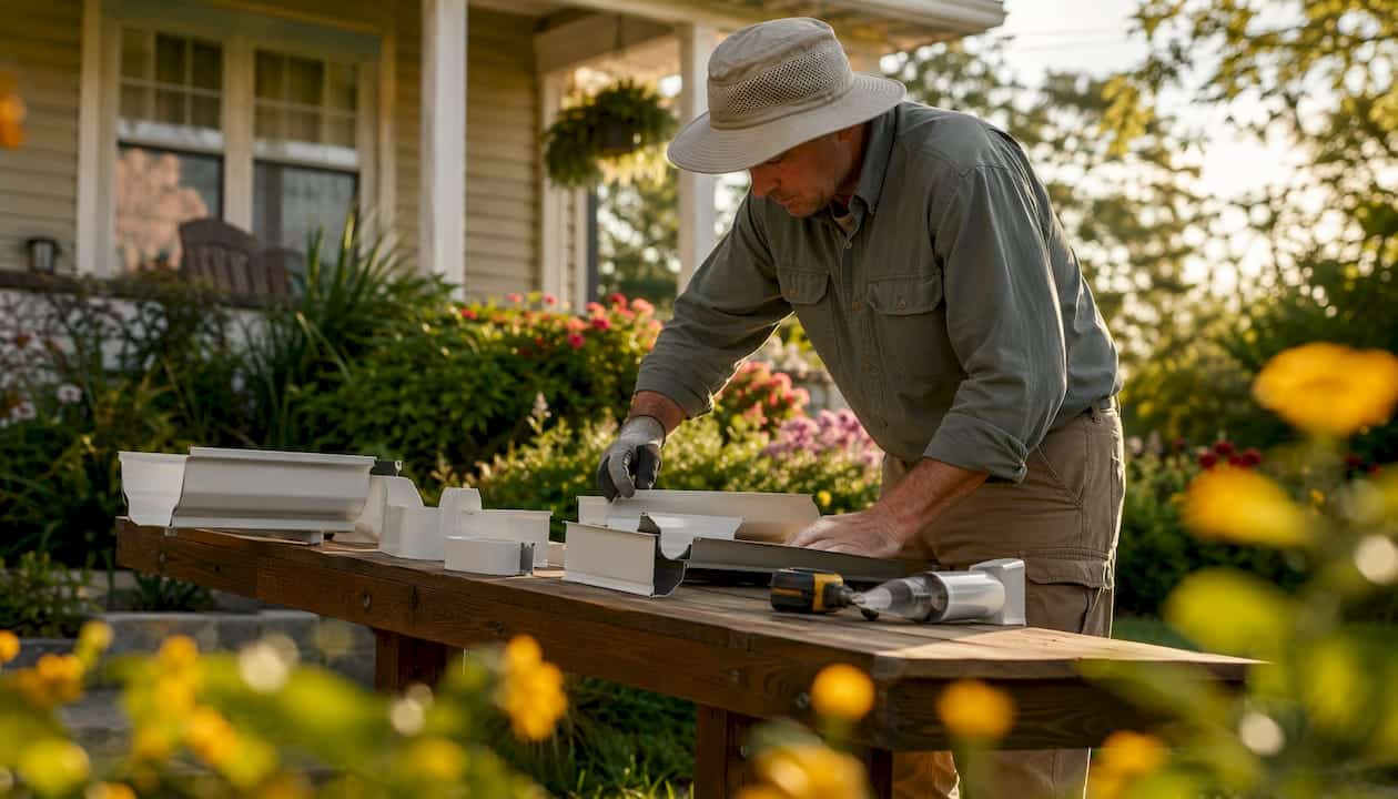 Homeowner examining rain gutter parts outdoors