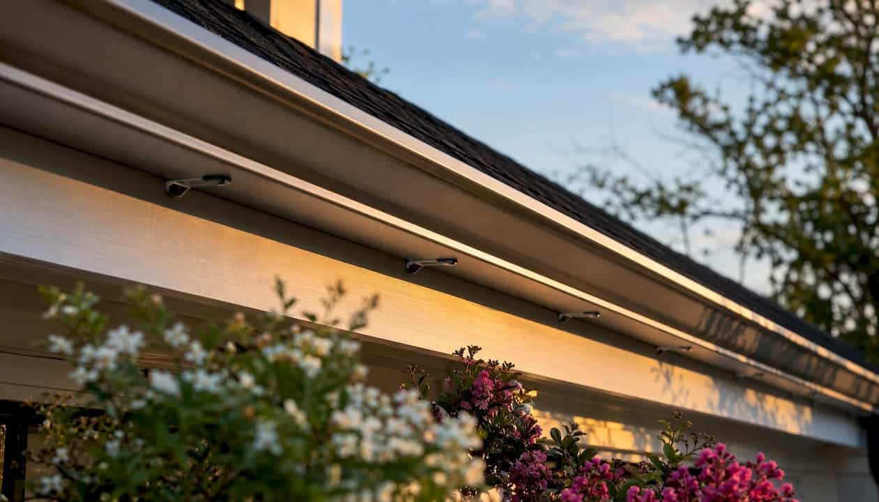 Aluminum gutter with visible hanger spacing and pitch