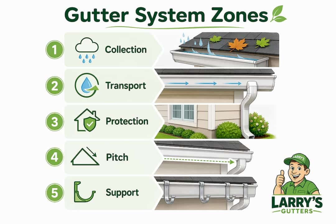 Infographic illustrating rain gutter system zones and parts