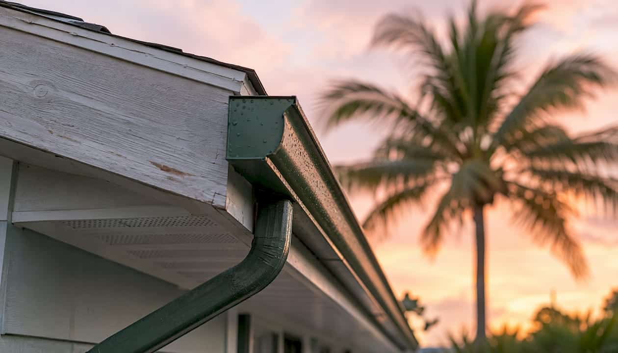 Close-up of gutters, soffit vents, and fascia board