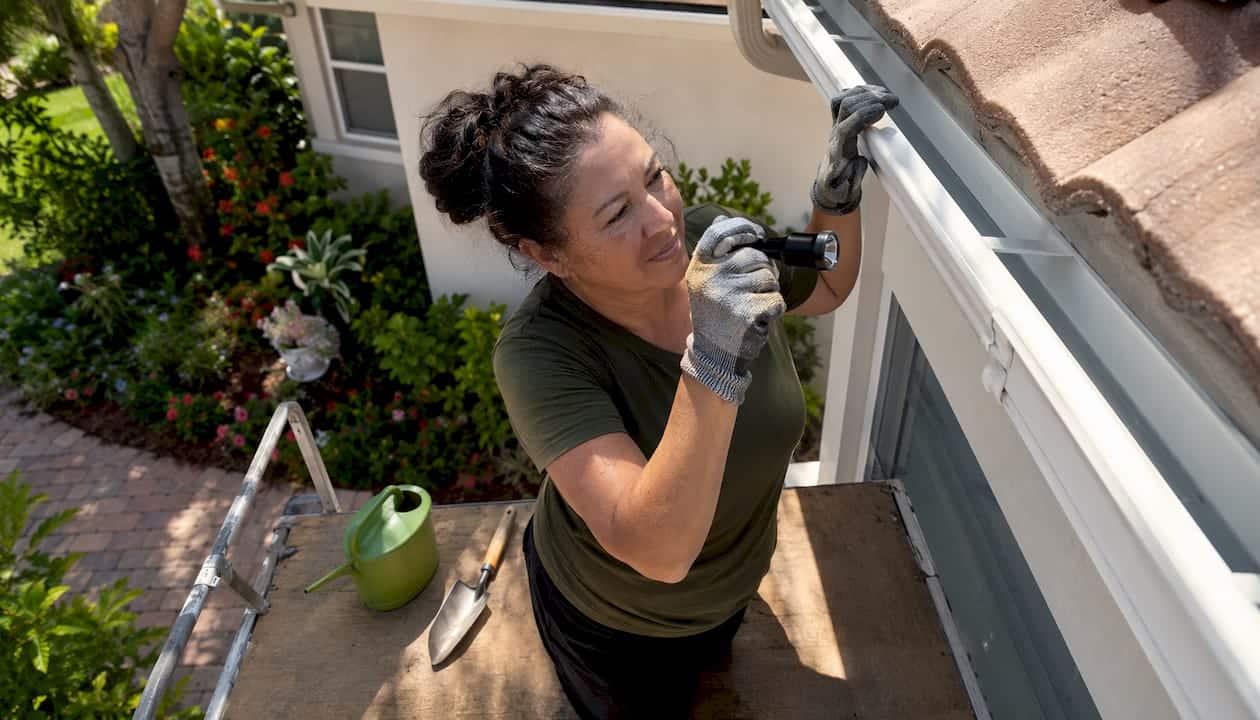 Homeowner inspecting clean gutters on Florida house