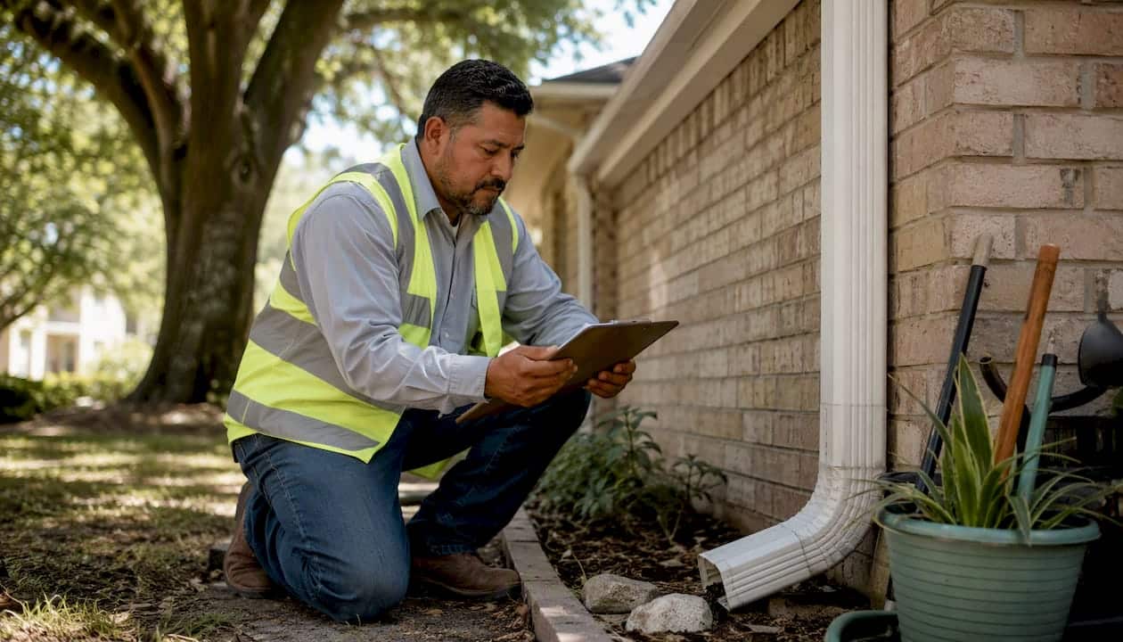 Contractor inspecting home foundation drainage