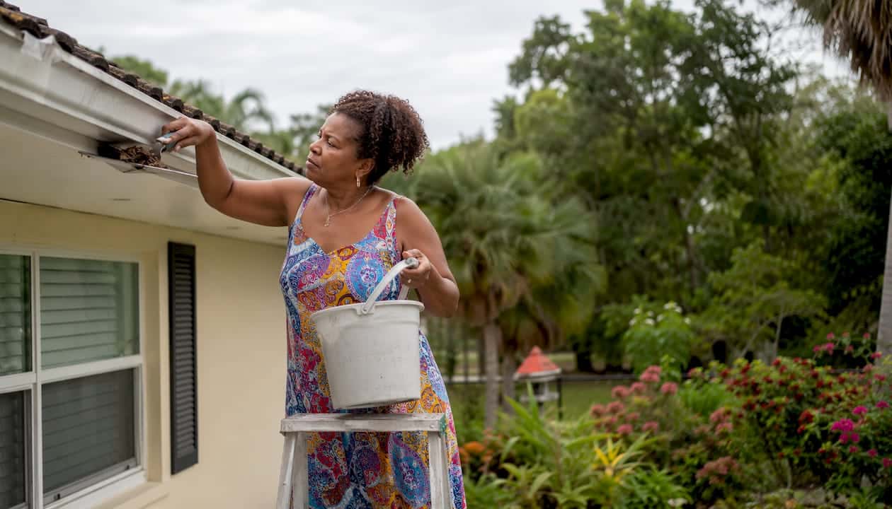 Homeowner cleaning gutters on ladder