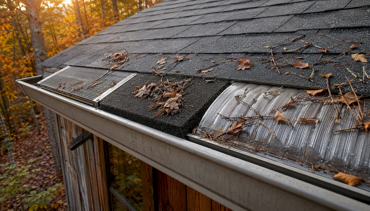 Different gutter guard types on roof edge