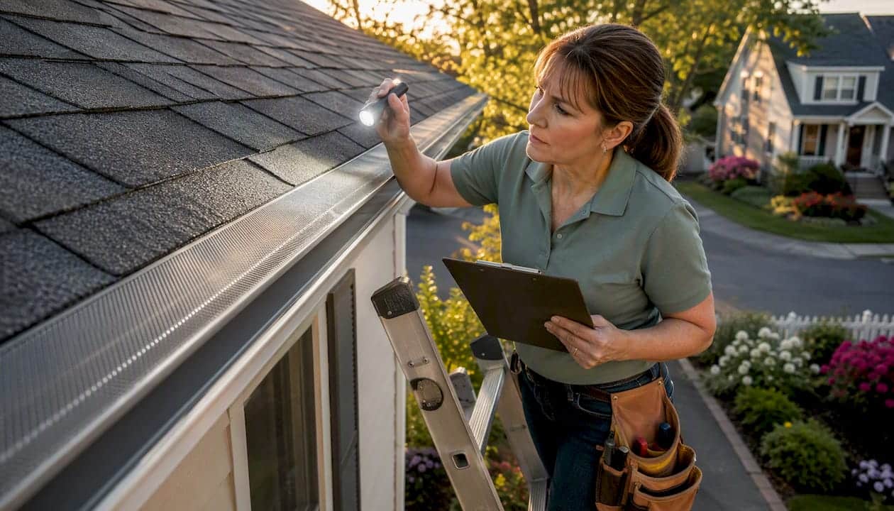 Property manager inspecting gutter guard on ladder