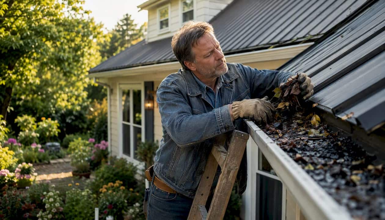 Man inspecting roof gutter filled with leaves