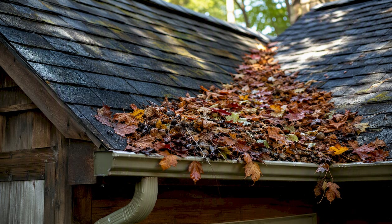 Roof valley clogged with leaves beneath overhanging trees