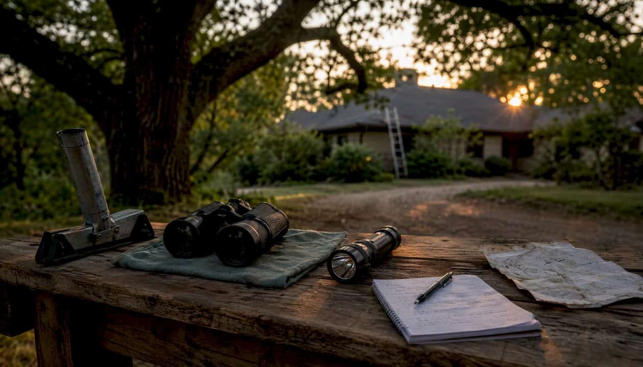 Close-up of roof inspection tools on porch table