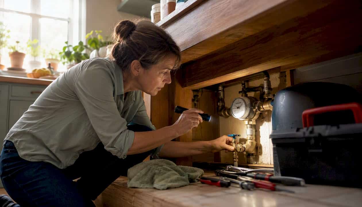 Homeowner inspecting water shutoff valve indoors