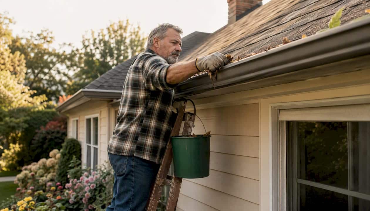 Man cleaning gutters on suburban house exterior